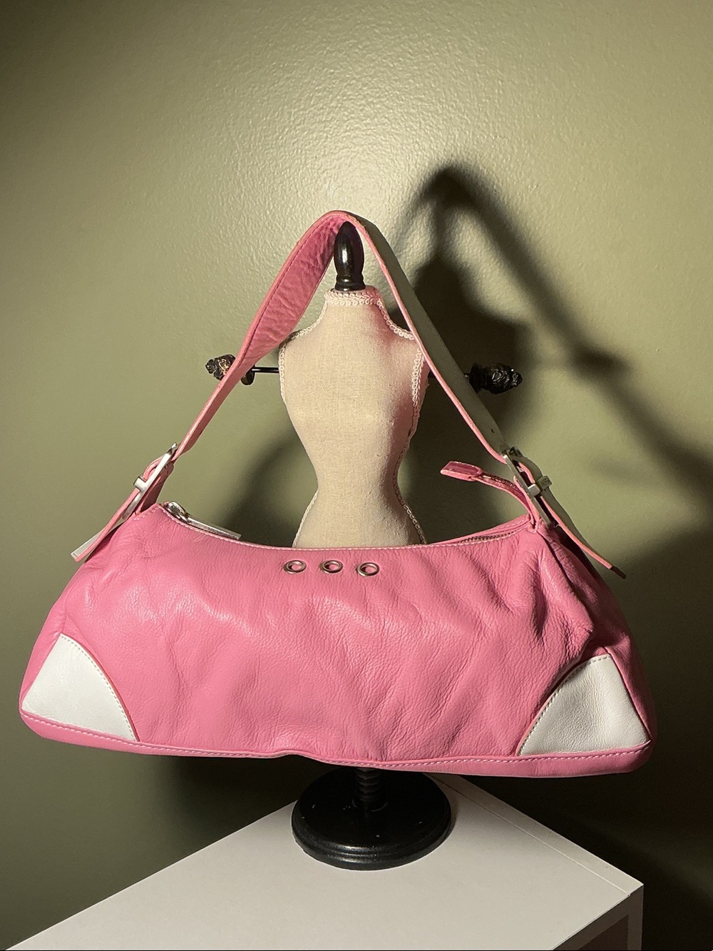Via Spiga Pink and White Leather Vintage Long Shoulder Bag Great Condition